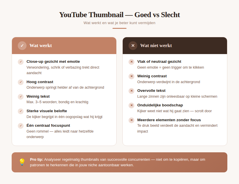 Verschil tussen een zwakke en sterke YouTube thumbnail – vergelijking van CTR, contrast, tekst en emotie