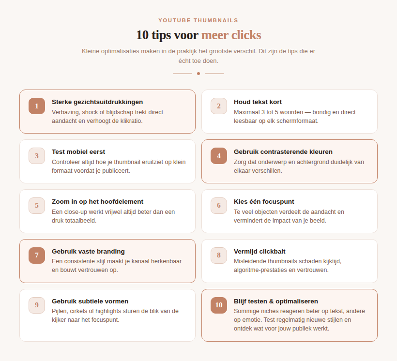 10 YouTube thumbnail tips voor meer clicks – emotie, korte tekst, kleurcontrast, branding en A/B testen